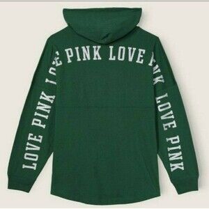 VS PINK PULLOVER VARSITY HOODED TEE GREEN M